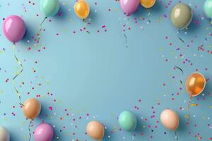 Colorful Balloons and Confetti on a Blue Background photo