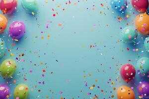 Colorful Balloons and Confetti on a Blue Background photo