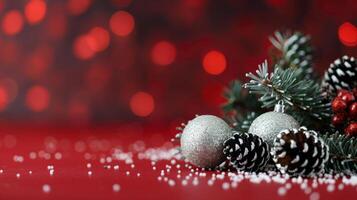Cozy Cup of Coffee Surrounded by Festive Decorations on a Red Wooden Background photo