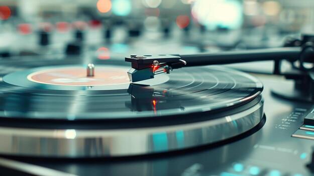 Vinyl Record Playing on Turntable in a Retro Music Studio photo