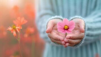 Hands Holding Delicate White and Pink Flowers in Soft Natural Light photo