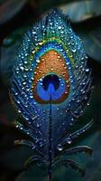 Close Up of a Peacocks Tail With Water Droplets photo