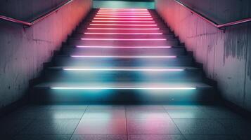 Neon-Lit Stairs in Urban Location at Night photo
