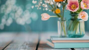 Colorful Flower Arrangement in Mason Jar With Soft Background Lights photo