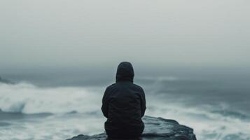 Person Meditating on a Rock Overlooking a Foggy Ocean at Dusk photo