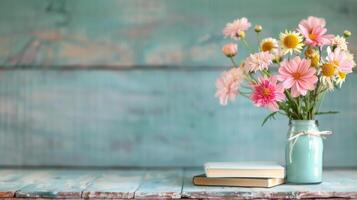 Colorful Flower Arrangement in Mason Jar With Soft Background Lights photo