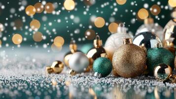 Festive Ornaments and Glittering Decorations on a Table During Christmas Season photo