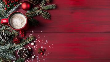 Cozy Cup of Coffee Surrounded by Festive Decorations on a Red Wooden Background photo