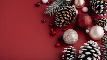 Cozy Cup of Coffee Surrounded by Festive Decorations on a Red Wooden Background photo