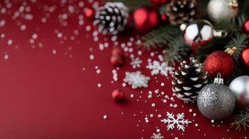 Cozy Cup of Coffee Surrounded by Festive Decorations on a Red Wooden Background photo