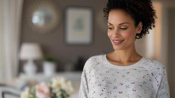 Expecting Mother Smiling in Cozy Living Room With Stylish Decor photo