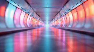 Vibrant Hallway With Colorful Reflections in a Modern Urban Setting photo