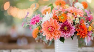 Colorful Flower Arrangement in Mint Green Vase Against Teal Wooden Background photo