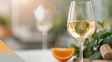 A Glass of White Wine With Fresh Oranges Against a Soft, Blurry Background photo
