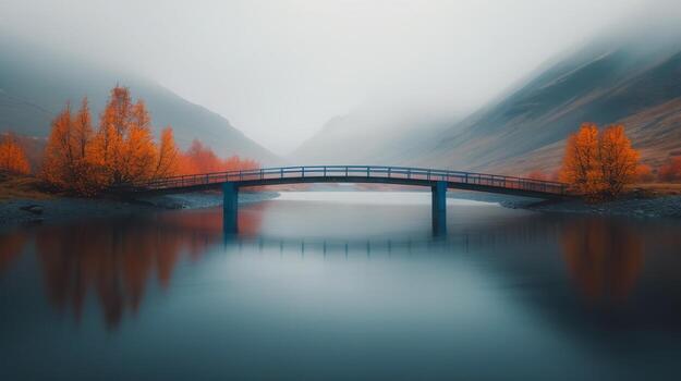 Autumn Colors Reflected on Serene Lake With Bridge in Foggy Mountains photo