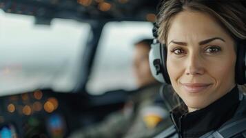 Female Pilot Smiling in Cockpit During Flight Preparation at Sunrise photo