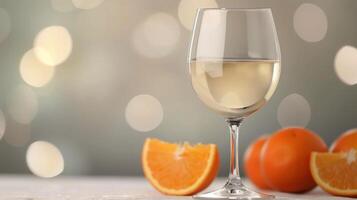 A Glass of White Wine With Fresh Oranges Against a Soft, Blurry Background photo