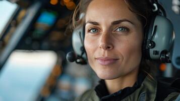 Female Pilot Smiling in Cockpit During Flight Preparation at Sunrise photo