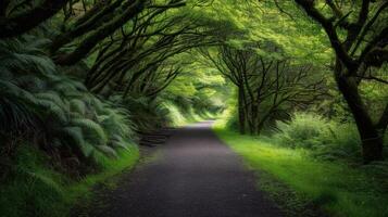 Serene Forest Pathway Surrounded by Lush Greenery in Early Evening Light photo