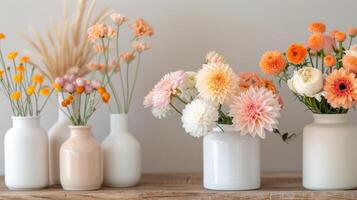 Colorful Flower Arrangement in Glass Jars on Wooden Table photo
