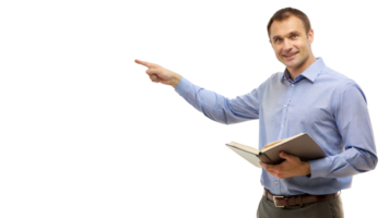 man pointing forward holding book transparent png