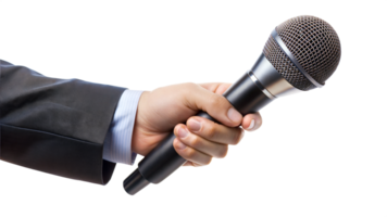 hand holding microphone for interview isolated transparent png