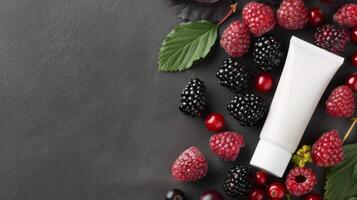Raspberries and Blackberries Surrounding a White Container on Light Gray Surface photo