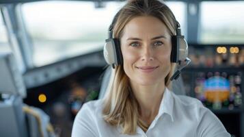 Female Pilot Smiling in Cockpit During Flight Preparation at Sunrise photo