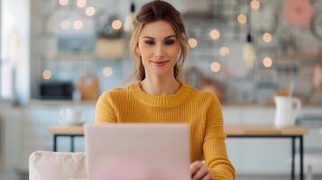 Woman Working on Laptop in Modern Workspace With World Map on Wall photo