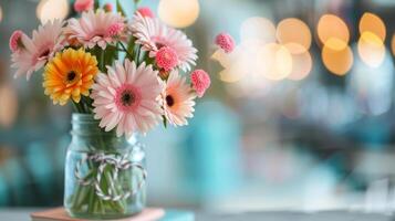 Colorful Flower Arrangement in Mason Jar With Soft Background Lights photo
