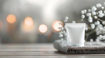 Moisturizing Cream on Wooden Table With Candlelight and Floral Accents in Soft Focus photo