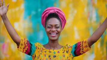 Joyful Woman Celebrating Against Vibrant Abstract Background photo