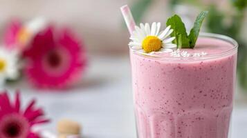 Fresh Pink Smoothie in a Glass Garnished With Flowers on a Rustic Table photo