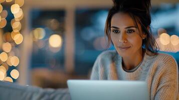 Woman Working on Laptop in Modern Workspace With World Map on Wall photo