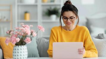 Woman Working on Laptop in Modern Workspace With World Map on Wall photo
