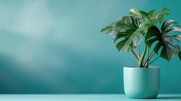 Potted Plant With Green Leaves Against a Teal Wall Background photo