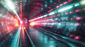 Bright Lights Illuminate Tunnel While Vehicle Speeds Through At Night photo