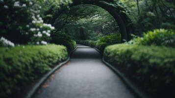 Serene Forest Pathway Surrounded by Lush Greenery in Early Evening Light photo