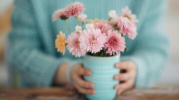 Colorful Flower Arrangement in Mason Jar With Soft Background Lights photo
