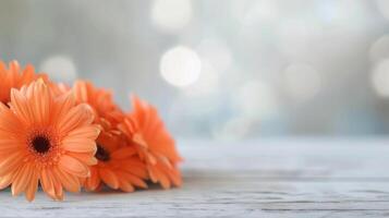 Vibrant Orange Flowers in Rustic Pot on Wooden Table Outdoors photo