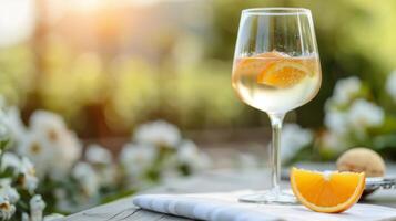 A Glass of White Wine With Fresh Oranges Against a Soft, Blurry Background photo