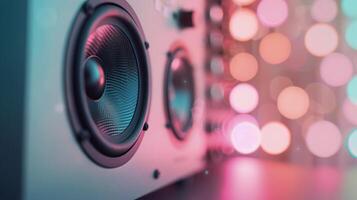 Close-Up of a Speaker With Colorful Bokeh Lights in a Music Studio photo