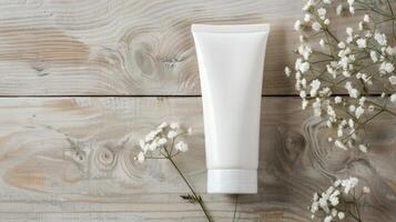 Moisturizing Cream on Wooden Table With Candlelight and Floral Accents in Soft Focus photo
