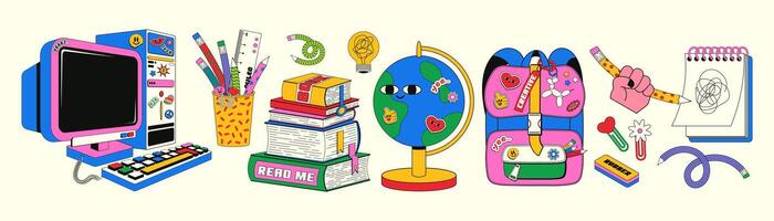 Trendy teen set of elements on a back to school theme in a retro linear style. Illustration of a school backpack, y2k aesthetics desktop computer, and other office supplies. vector
