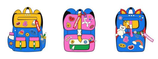 Set of creative school bags in y2k style. A bright teenage backpack with a lot of stickers and keychains in the form of toys with the aesthetics of the 90s and 2000s. vector