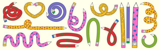 Curved funny pencil set. Trendy twisted pencil, creative school supply. Flexible colorful pencils with different patterns in retro linear style. vector