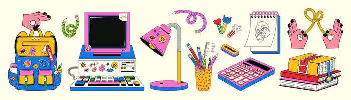 Trendy, bright set of back to school themed elements in a retro linear style with y2k aesthetics. Illustration of school backpack, desktop computer, books, notepad and various office supplies. vector