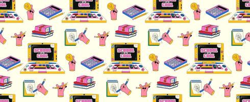 Seamless pattern with school supplies in retro flat style. Funny hand drawn school vintage laptop, calculator, stack of books, bold hand with a light bulb. Back to school, education concept. vector