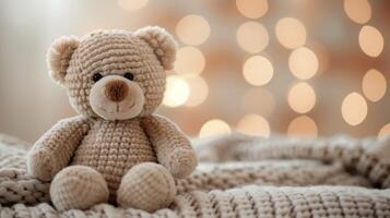 Cozy Teddy Bear on Bed Surrounded by Soft Lighting and Blurred Ornaments photo