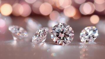Sparkling Round Diamonds on a Wooden Surface With Twinkling Lights in the Background photo